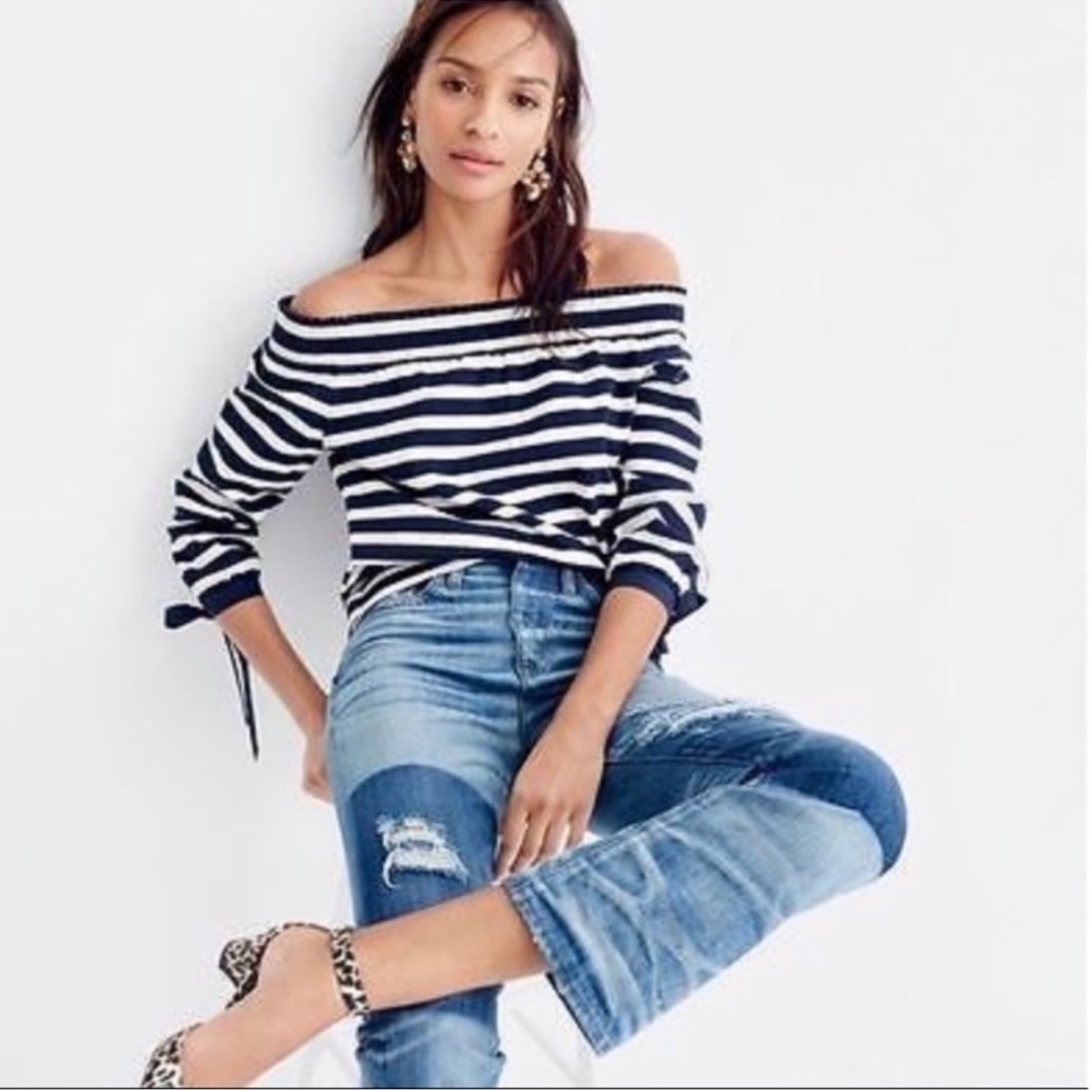 Beautiful 😍 J. Crew Off The Shoulder Striped Bow Sleeve Top navy/white‎ size XS